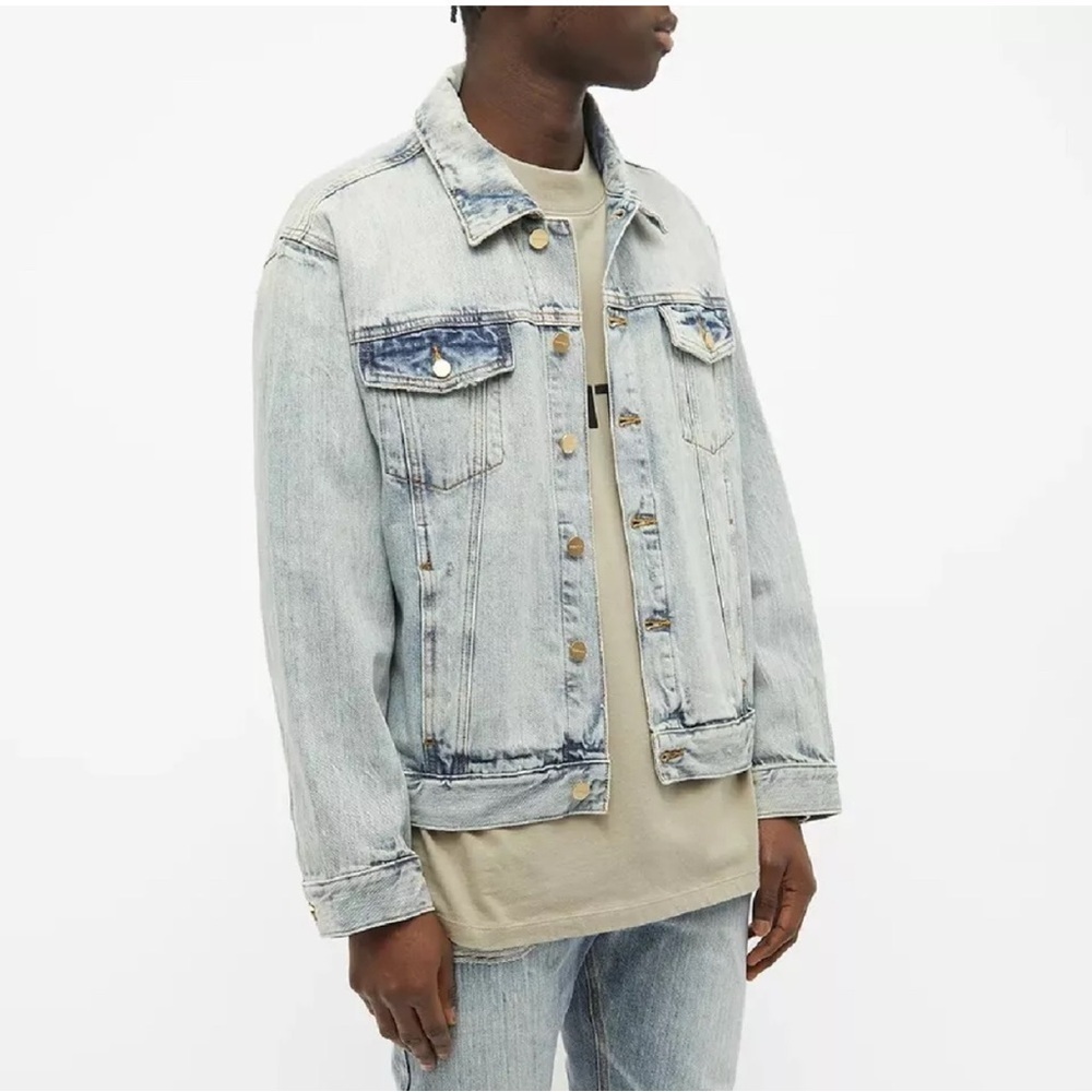 Fear Of God Essentials Denim Trucker Jean Jacket Indigo Blue Large Streetwear